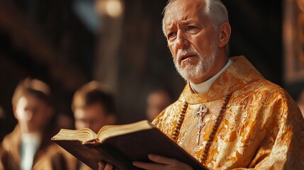 An elderly priest in ornate vestments is deeply engaged in a solemn reading session, holding a book with a focused expression, surrounded by attentive onlookers.