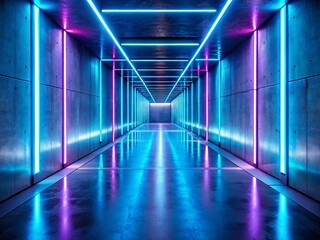 Surreal Minimalist Blue Neon Corridor - Symmetrical Concrete Architecture Stock Photo