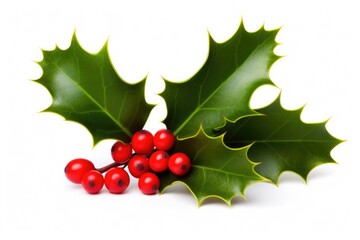 Christmas Holly Leaves and Berries Decoration on White Background - Isolated Corner with Decorative Elements