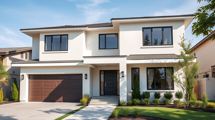 Fototapeta premium Luxury Modern Home Exterior: Dream House Design and Architecture. Stunning Contemporary Home with Curb Appeal