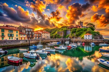 Fototapeta premium Surreal Mundaka Harbor: Dreamlike Basque Fishing Village Seascape