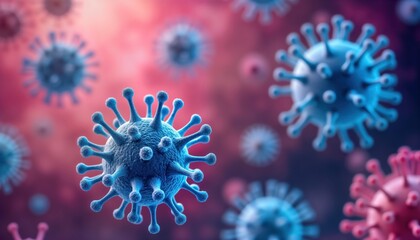 Illustration of viruses in close-up view. Multiple viruses with complex structures visible. Viruses appear in different shades of blue, pink. Background shows blurred backdrop of similar viruses in