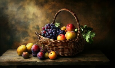 A basket filled with fresh seasonal fruits and vegetables on a rustic wooden table, still life photography, rustic tables