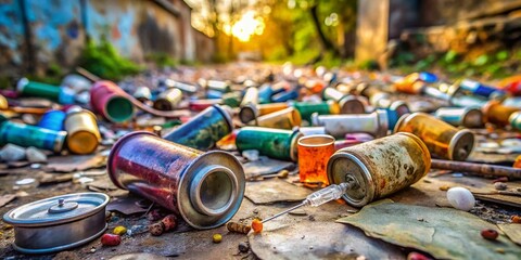 Surreal Photo: Syringe, Medicine Cans & Pandemic Aftermath