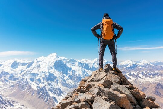 A solo hiker stands triumphantly atop a mountain peak, enjoying breathtaking views of the surrounding snow-capped mountains.