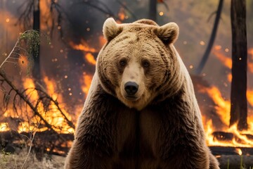 Obraz premium fierce bushfire rages through the wilderness, with wildlife fleeing the burning outback under a smoky orange sky.california,usa,pray them.