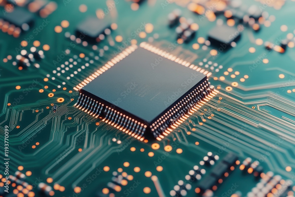 Poster close-up of a microchip on a circuit board, showcasing intricate details and electronic connections 