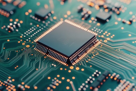 Close-up of a microchip on a circuit board, showcasing intricate details and electronic connections for tech innovation.