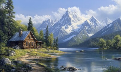 Fototapeta premium A secluded cabin on a tranquil lake with mountain views