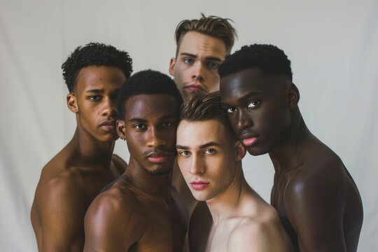 Diverse men embrace skincare and grooming in studio portrait.