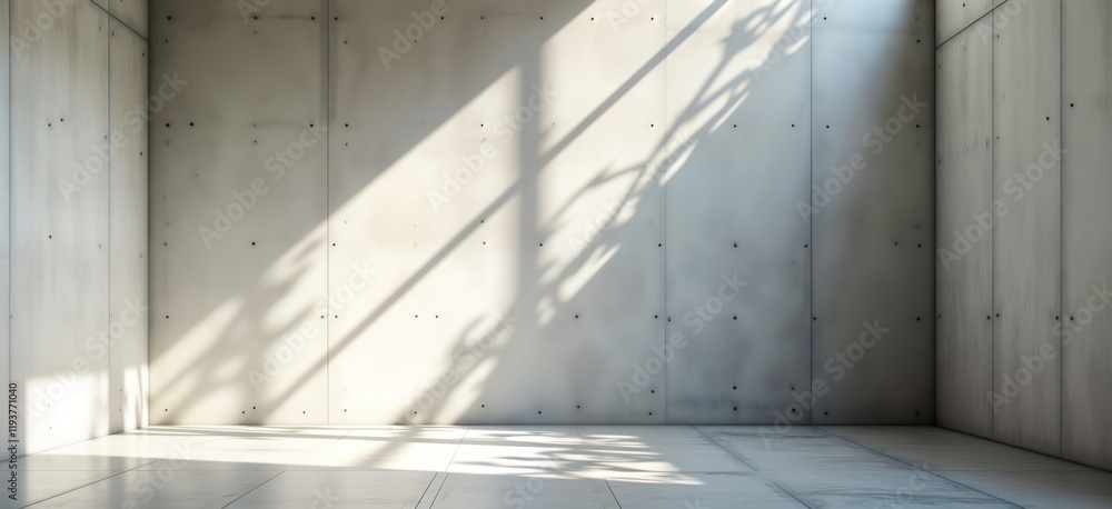 Poster Empty room with white concrete walls. Sunlight casts shadows on surfaces creating abstract pattern. Modern architectural style evident in simple geometric shapes. Interior space empty, minimalist.