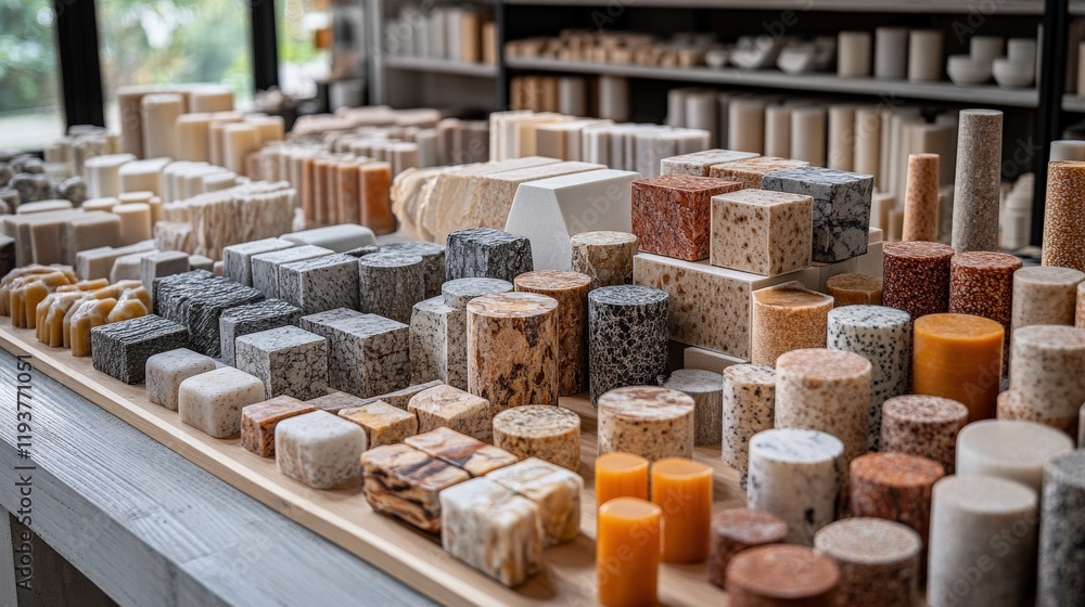 Poster aesthetic collection of artisan soap bars and natural ingredients displayed in a modern studio with 
