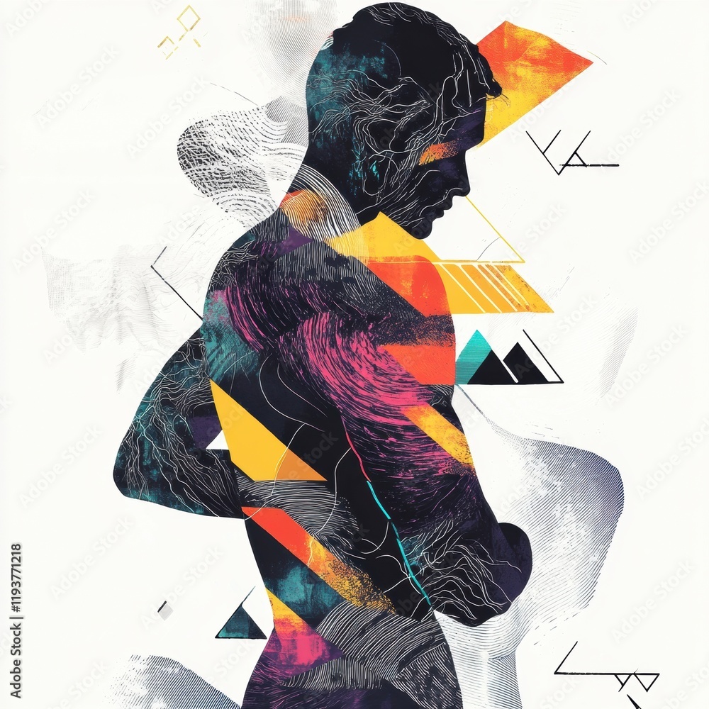 Poster Person experiencing pain while surrounded by abstract waves and geometric shapes representing discomfort and struggle. Generative AI