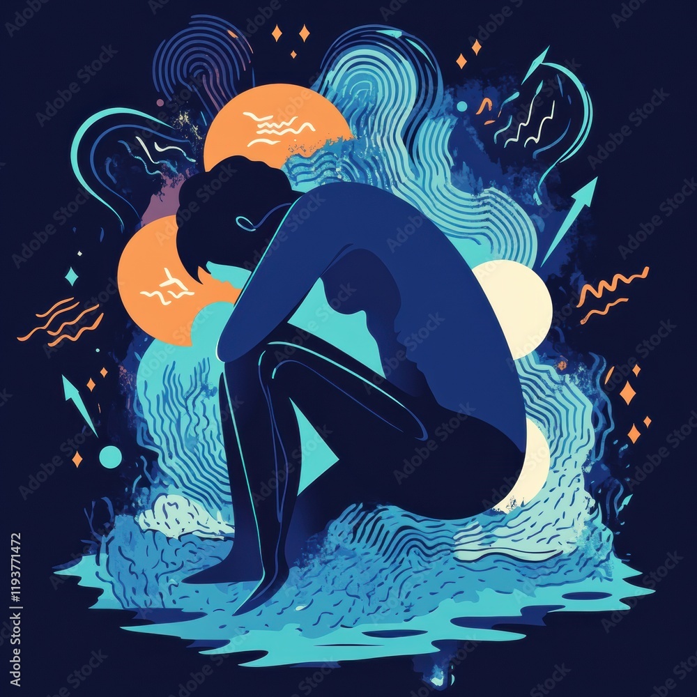 Fototapete Feeling pain in the back and head with abstract geometric shapes and waves surrounding the figure in a dark setting. Generative AI