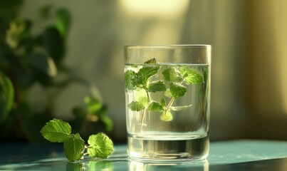 A glass of cold water with fresh mint leaves floating in it, crisp, beverage, tranquil, refreshing