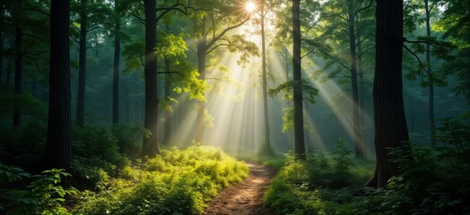 Misty morning sunlight streams through forest canopy. Rich green foliage and trees surround a pathway. Peaceful and tranquil scene. Natural light creates soft shadows. Forest floor covered in plants.