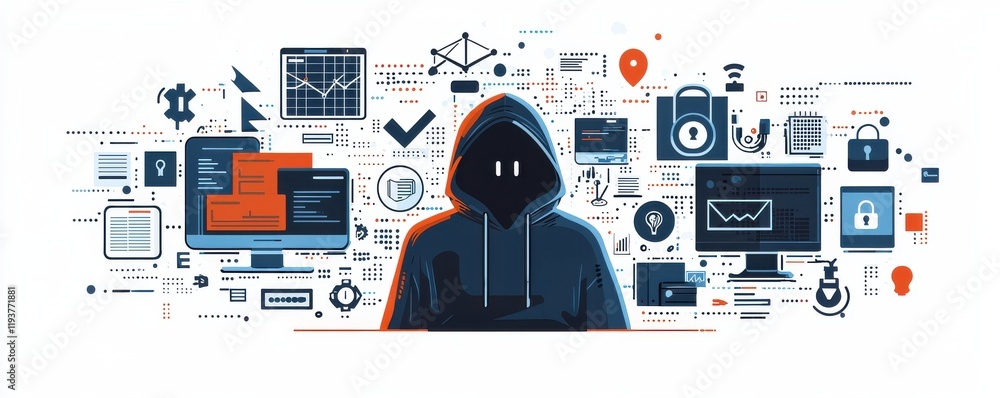 Poster hooded hacker illustration showing complex cyber attack and data breach elements