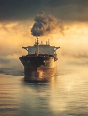 Obraz premium Massive oil tanker navigates calm ocean waters with smoke rising from chimneys during sunset. Generative AI