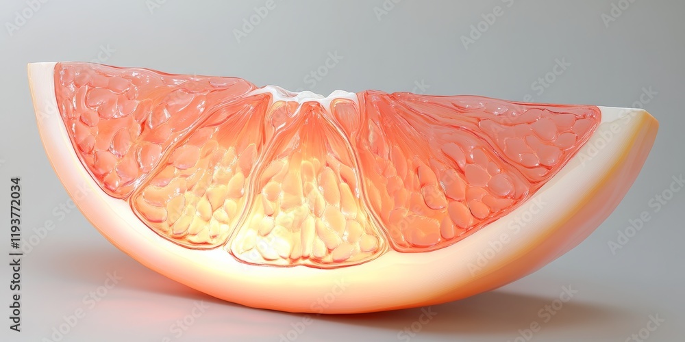 Poster a detailed 3d grapefruit slice with translucent pulp, illuminated with soft lighting on a gray backd