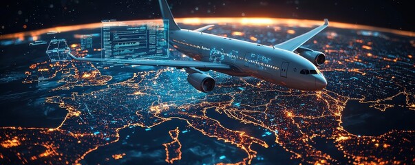Airplane flying above illuminated Earth with digital data overlays, futuristic concept