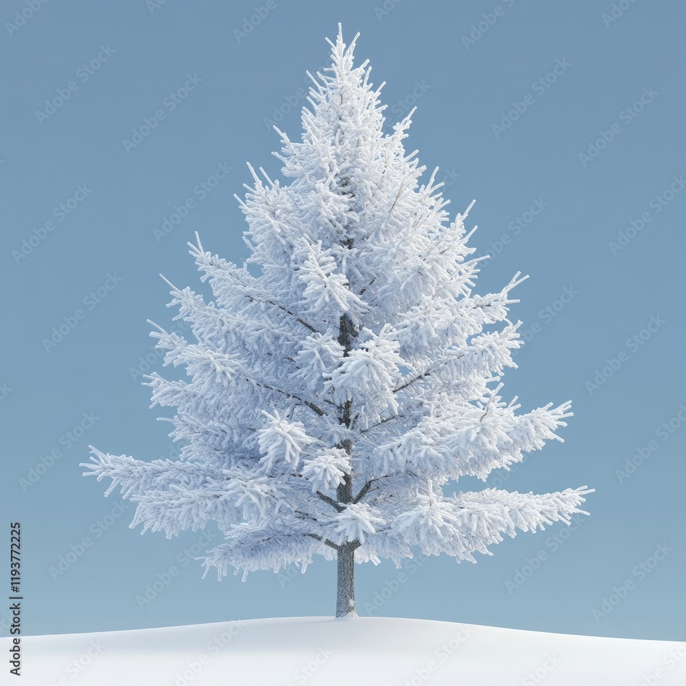 Poster a detailed 3d rendering of a snow-covered pine tree, isolated against a soft gradient blue backgroun