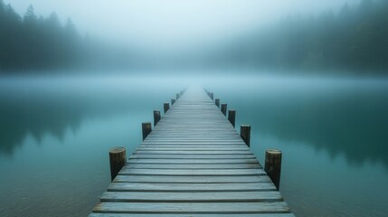 Fototapeta premium Wooden pier extending into misty lake with softly blurred edges
