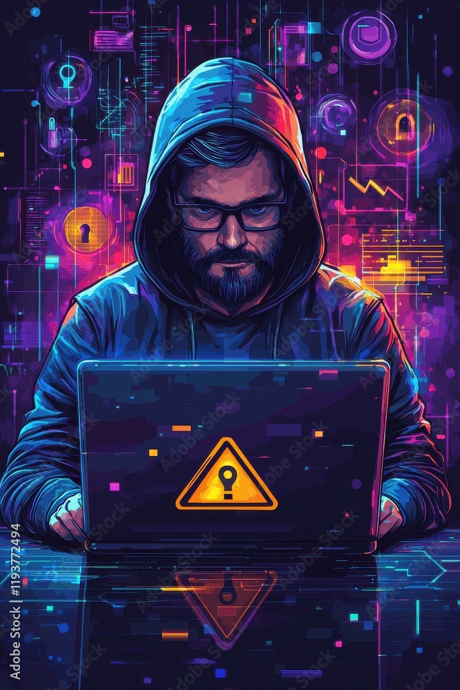 Poster cyber security expert analyzing data on a laptop with warning icon displayed