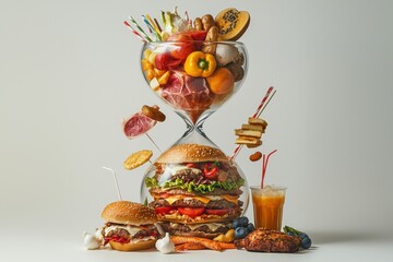Fototapeta premium Creative hourglass concept showcasing diverse food options symbolizing balance