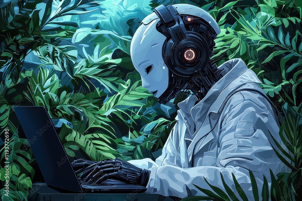 Aufkleber futuristic ai agent using a laptop in a mystical forest setting
