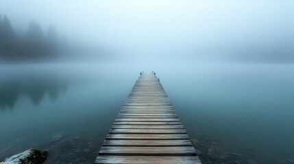 Obraz premium Wooden pier extending into misty lake with softly blurred edges