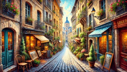 Charming parisian street with shops and sacre coeur basilica in background