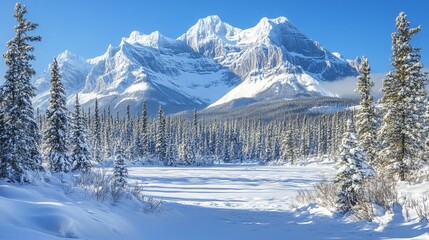 snowy forest in the mountains on a sunny day