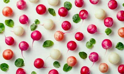 A group of vibrant radishes with contrasting colors on a white background, vegetarian dishes, nutritious snacks, food styling