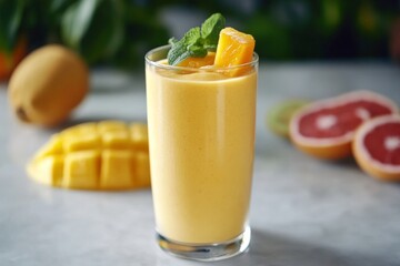 A refreshing fruit smoothie is served in a clear glass, topped with mint and pineapple. Colorful tropical fruits are arranged in the background, showcasing their vibrant hues