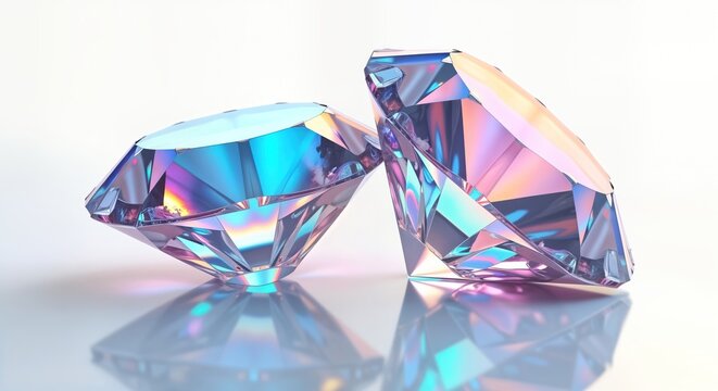 Holographic iridescent crystal diamonds on white background. Colorful gems show vibrant rainbow effect. Abstract holographic gems. Modern design, fashion trend, high-tech, product display. Jewelry, - Powered by Adobe