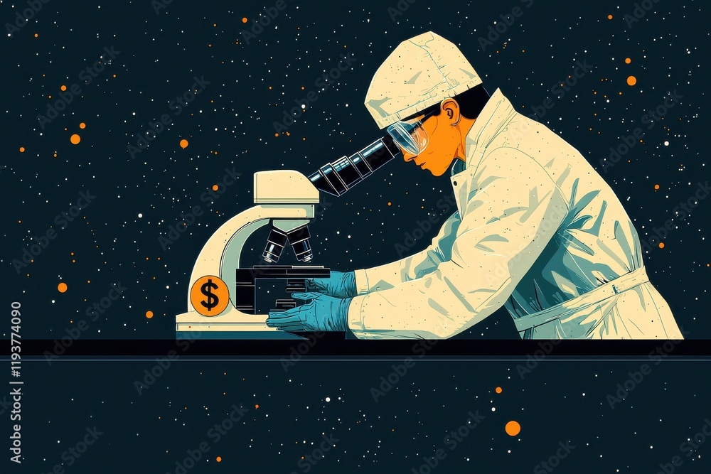 Poster scientist analyzing samples with microscope in abstract scientific artwork setting