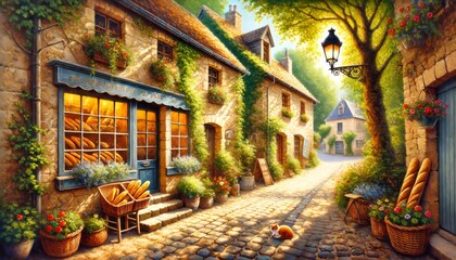 Fototapeta premium French bakery illuminating charming cobblestone street in quaint village