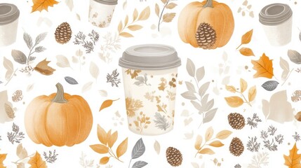 Autumnal coffee cups and pumpkins seamless pattern on white background