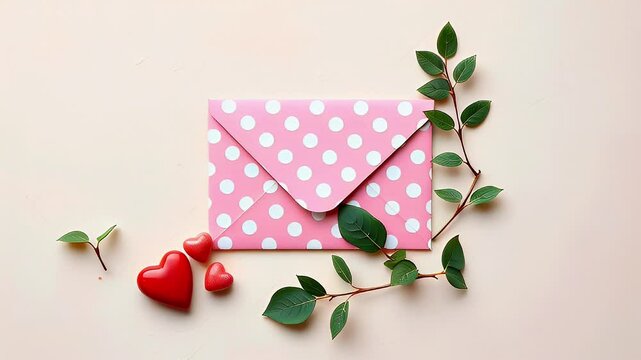 A pink polka-dotted envelope with hearts and greenery, symbolizing love and affection.