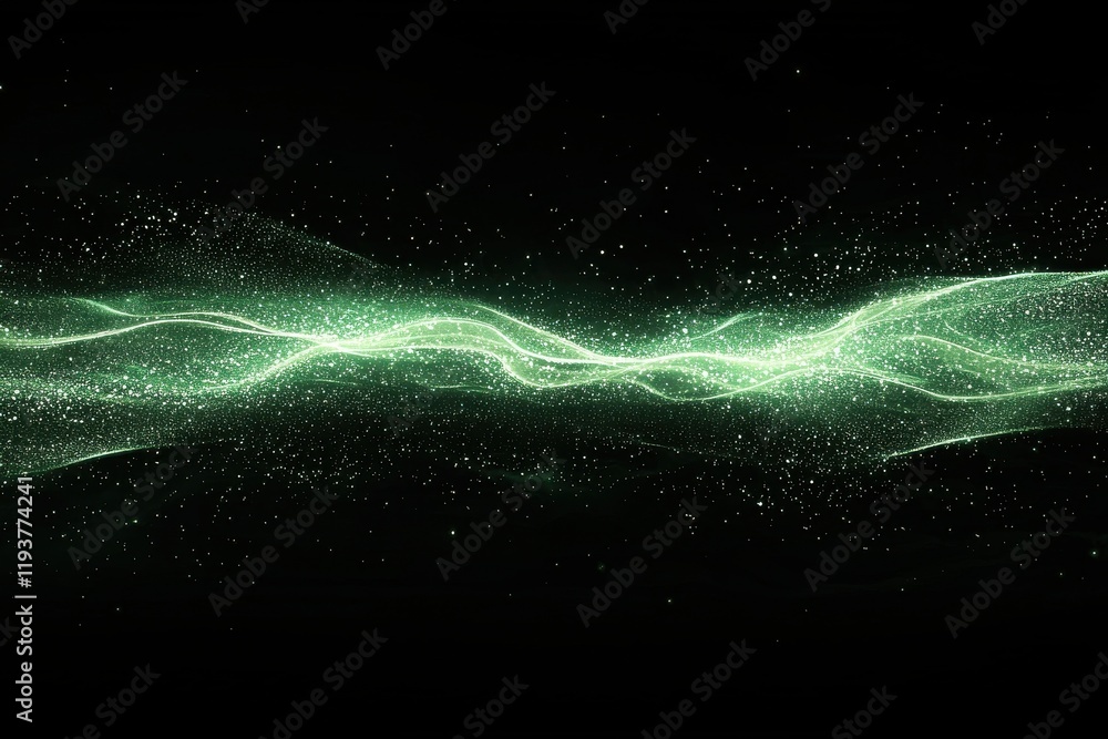 Poster abstract green digital network with glittering particle connections on a dark background