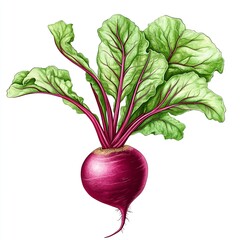 Detailed Illustration of a Fresh Beetroot with Lush Green Leaves on white background