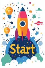 Fototapeta premium Illustration of a space rocket launching with bright ideas and creativity