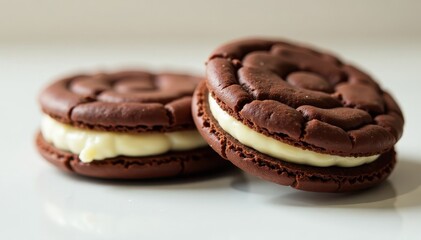 Two chocolate sandwich cookies, flat, creme filling visible , photography, close-up, high resolution