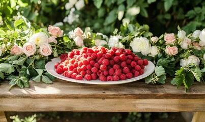 A large plate of fresh raspberries is arranged on a rustic wooden table with some greenery and flowers surrounding it, outdoor decor, rustic wooden table