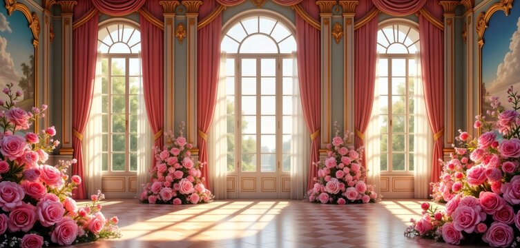 Luxury palace hall boasts big windows with pink curtains. Walls adorned with frescoes, murals. Pink roses, flowers fill room. Perfect for wedding background. Classic castle interior. Sunlight streams