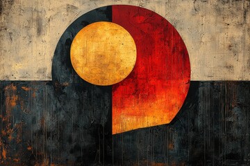 Retro Abstract Geometric Artwork With Golden Sun and Wavy Stripes
