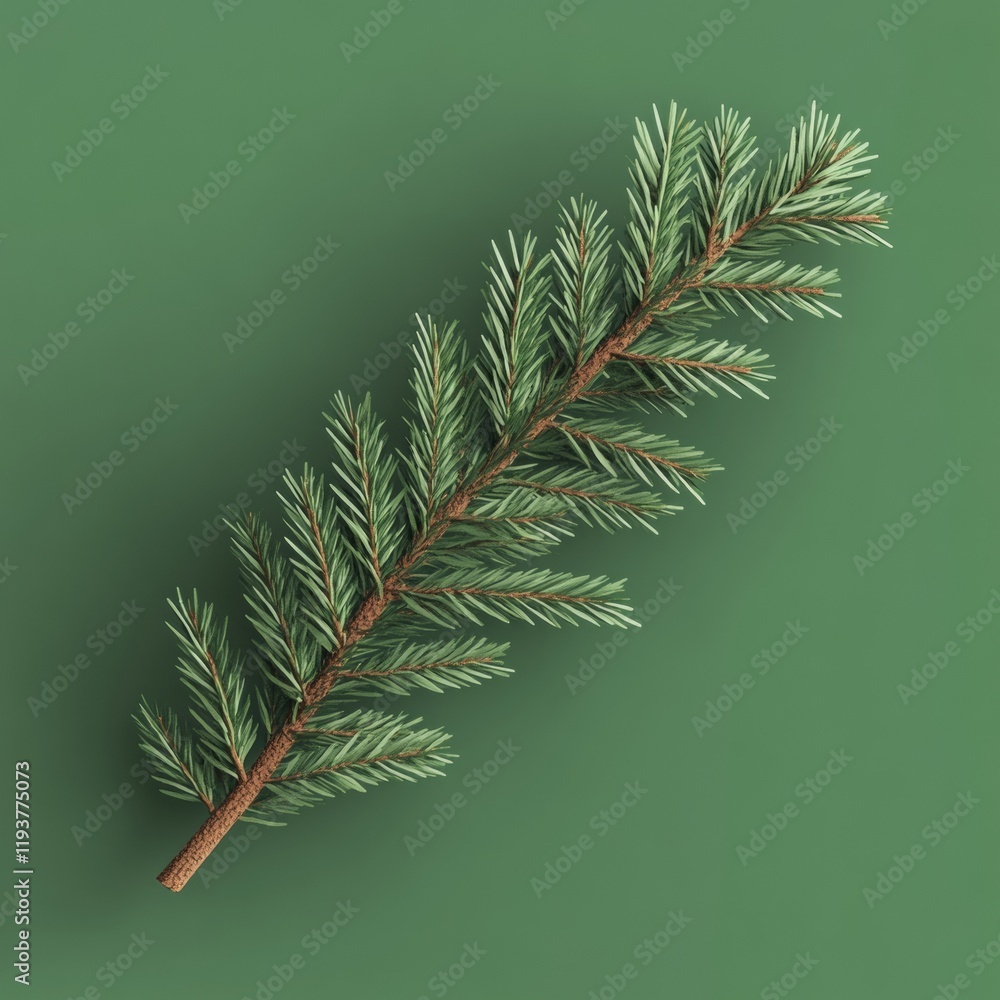 Poster a minimalistic 3d rendering of a spruce branch with precise needle geometry