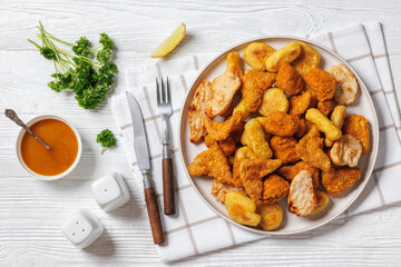 fried chunks, bites, tenders, nuggets on a plate