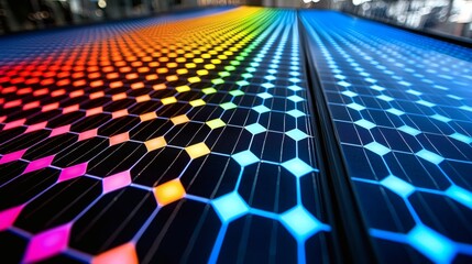 Fototapeta premium Rainbow Solar Panels: A vibrant close-up showcasing solar panels illuminated with a spectrum of rainbow colors, creating a stunning visual display of clean energy technology. 