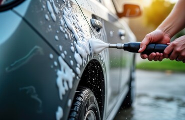 Person washes grey car with high-pressure water, white soap. Lots of white foam on car body. Looks like outdoor car wash service. Person uses special equipment for washing. Might car detailing